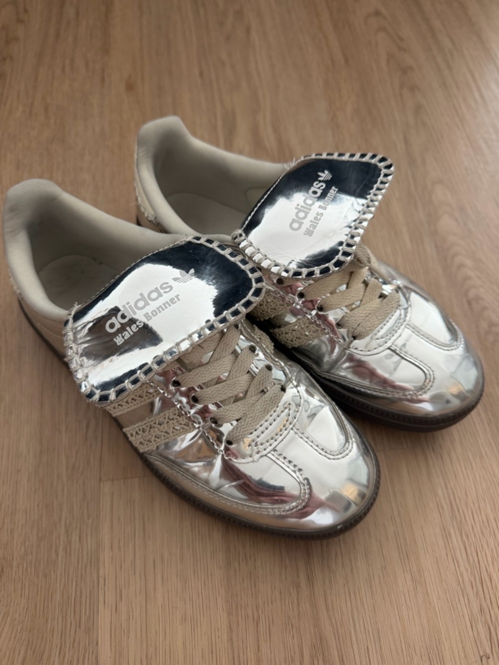 Wales Bonner Metallic Silver Women’s Sneakers with Beige Accents